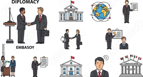 Illustration depicting diplomacy, embassies, and international relations