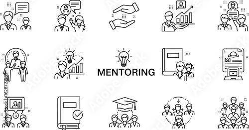 Various mentoring line icons depicting guidance and support for growth