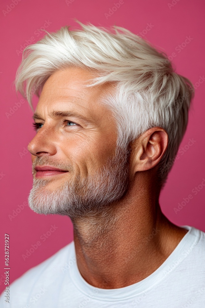 Fototapeta premium A happy man in a studio photo. Pink solid background. Visual idea artwork of style for aging men. Classy men's side part haircut - midlife white man with white hair.
