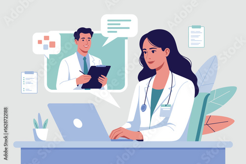 Confident female doctor consulting with male colleague via video call for professional medical collaboration and patient care