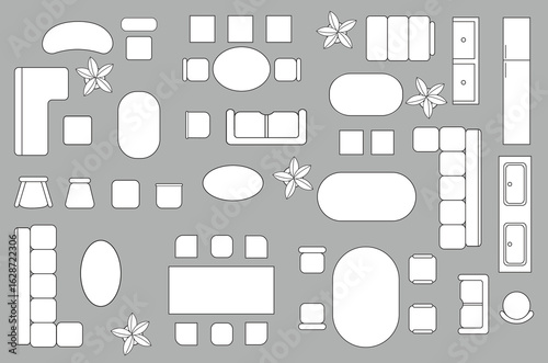 Floor Plan Icon Set – Top View Architectural House Layout Including Kitchen, Bedroom, Bathroom, Living Room, Furniture Symbols for Interior Design and Construction.