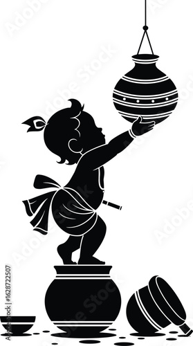 Little Krishna Reaching for Dahi Handi Pot in Vector Style