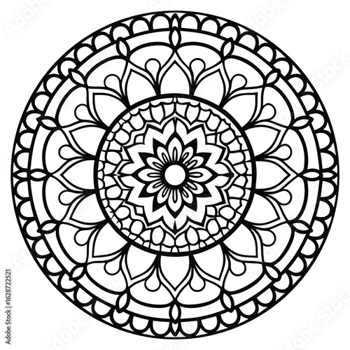 Detailed Floral Mandala Design: Intricate Line Art for Coloring and Relaxation, Circular Symmetry with Petal Motifs and Decorative Elements           