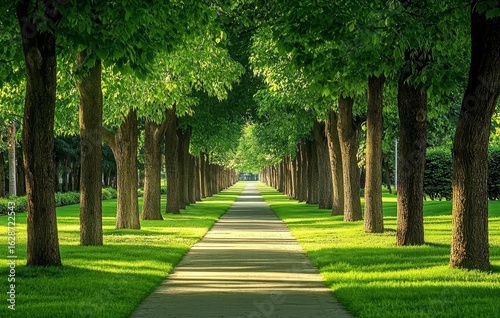 A peaceful path in the spring forest is surrounded by the vibrant trees of the Beautiful Green Forest, basking in morning sunlight