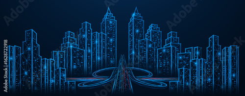 A digital metropolis with a road. High-rise buildings where each skyscraper is an element of urban technology. Low-poly design. Blue background.
