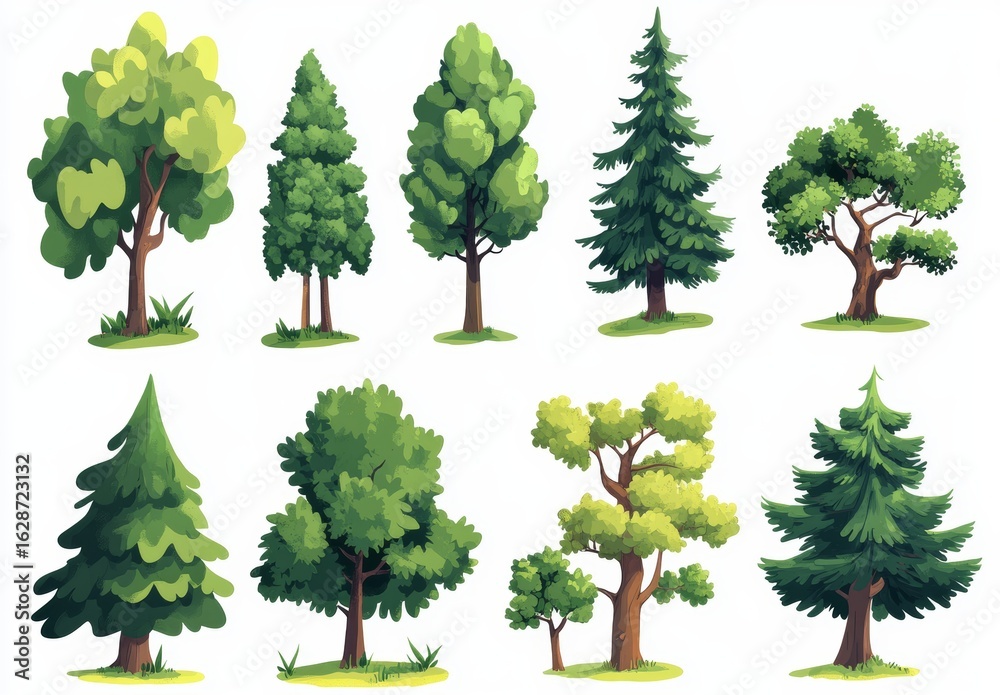 Fototapeta premium Illustrations of forest trees, such as green fir and pine, in compositions and as isolated trees, with signs for forest botanicals and green tree trunks in a woodland or park setting, in a modern