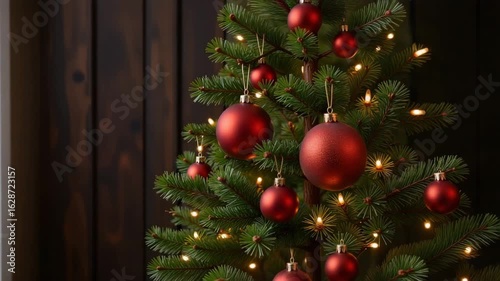 Christmas tree decorated with red ornaments and warm lights  