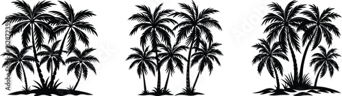 A tropical beach illustration featuring a grass silhouette vector with palm trees and a vibrant summer sunset over the sea