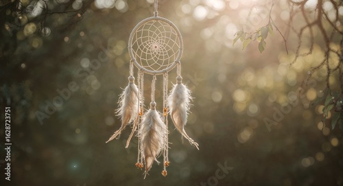 Ethereal Dreamcatcher with Feathers and Beads Hanging in Golden Sunset Light Amidst Nature