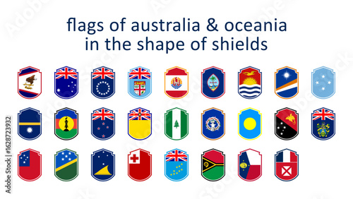 flags of australia and oceania countries in the shape of shields