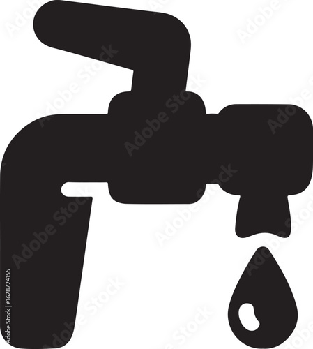 Isolated black beer tap dispenser icon, minimal flat vector with curved nozzle and droplet, used in bars or Oktoberfest settings, perfect for brewery, celebration, or drink serving illustrations