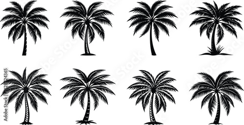 Silhouettes of tropical palm trees against a sunset sky, perfect for a summer beach vacation illustration