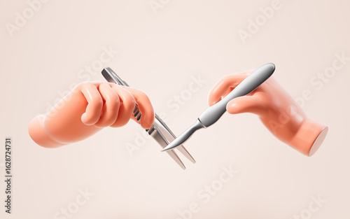 Fotografía A cartoon hand is holding a scalpel and other hand is holding a tweezer
