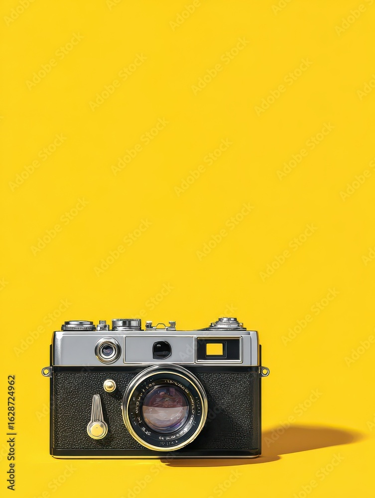 Fototapeta premium retro camera on yellow background with ample copy space