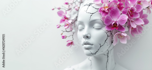 Elegant cracked white mannequin head adorned with beautiful pink orchid flowers, beauty, growth, and inner peace on a tranquil background with ample copy space.