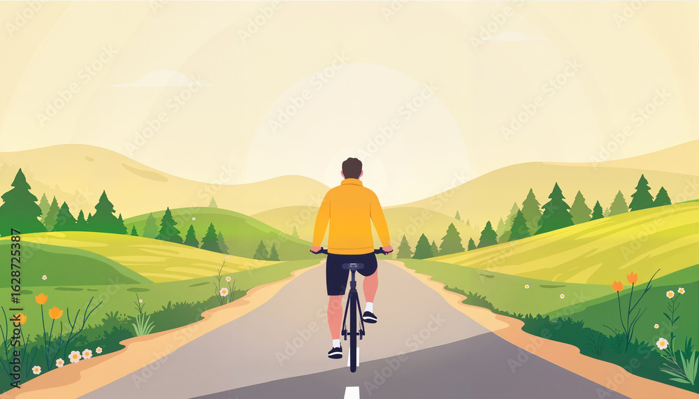 Obraz premium Person cycling peacefully in vibrant countryside, digital detox
