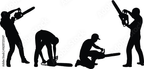 Chainsaw silhouette poses, people operating chainsaws, safety techniques, kneeling, bending, overhead hold, black white tool scene, posture variation