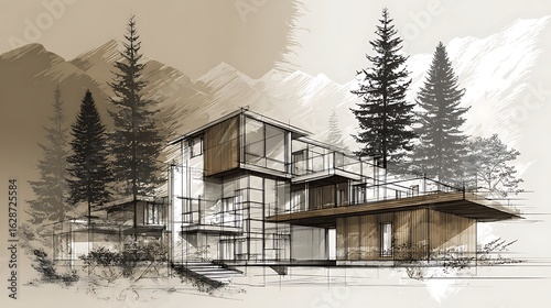 Architectural sketch depicts modern home nestled amongst trees, perfect for design, marketing, or web projects.