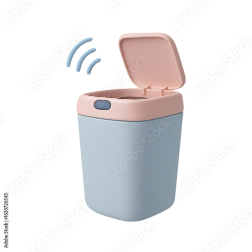 Modern smart trash can with motion sensor and open lid isolated on transparent background