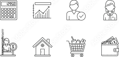 Eight line art icons depicting finance business and personal economics