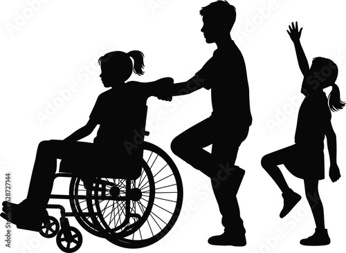 Inclusive silhouette scene, person in wheelchair, caregiver pushing, dynamic pose, black white art, mobility support, assistance, empowerment, motion