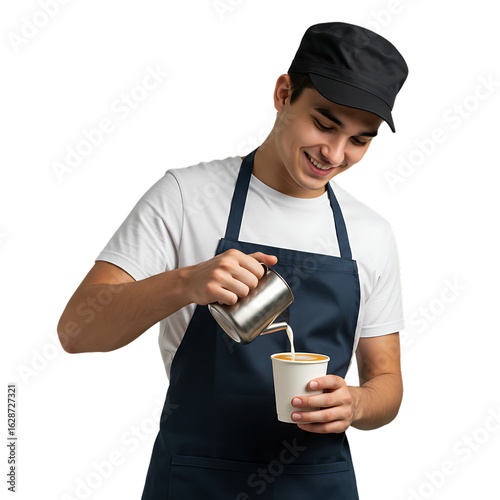 A barista pouring milk from a metal pitcher into a paper cup while wearing an apron and a cap smiling on transparent background