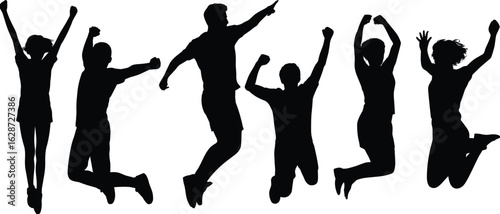 Jumping silhouettes of people, energetic poses, expressive movement, celebration, black white art, midair action, joy, freedom, dance, motion