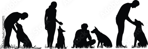 Set of five human dog interaction silhouettes, bonding poses, pet affection, black white design, outdoor scene, companionship illustration