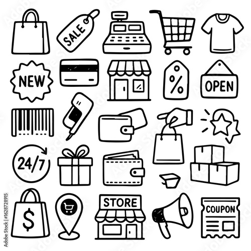 Hand-Drawn Shopping  E-commerce Icons: Retail, Store, Sale, Payment Doodles Set