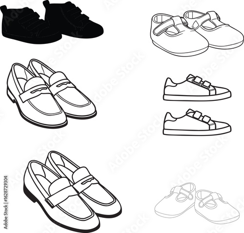 Vector art of collection of different shoes isolated on white background for any design