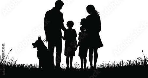 Silhouette of family with dog, parents and children holding hands, outdoor bonding, grassy field, black white scene, togetherness moment