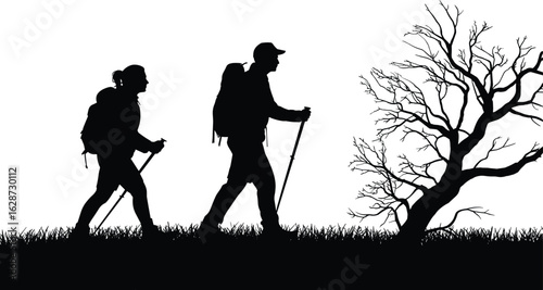 Silhouette of hikers with backpacks, walking on grass, using poles, leafless tree, outdoor adventure, black white nature scene, trekking