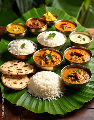Indian food platter on banana leaf