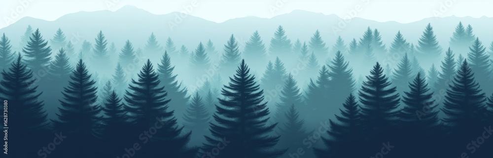 Fototapeta premium The background is a forest, characterized by its natural landscape, which includes a variety of trees like pine, spruce, and Christmas trees, enveloped in fog, and distinguished by evergreen
