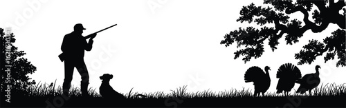 Silhouette of hunter with dog, aiming at turkeys, under tree, nature scene, wildlife, hunting, outdoor activity, forest, grass field