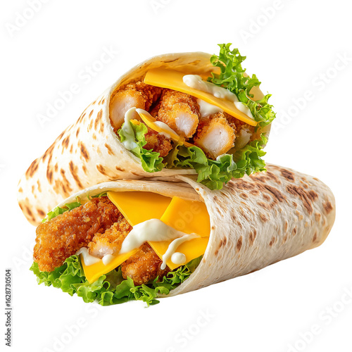 handmade chicken tortilla wrap with melted cheese close-up
