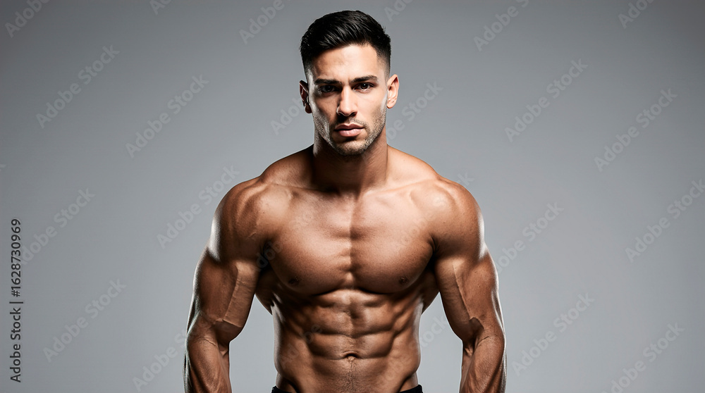 Fototapeta premium Young man in sportswear performing dynamic stretching pose on soft blurred natural background, demonstrating flexibility and strength.