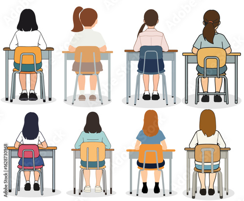 Set of 8 Flat vector illustrations of a female pupil sitting at a school desk. View from back. Minimalist style, isolated on white background. 2D educational design.
