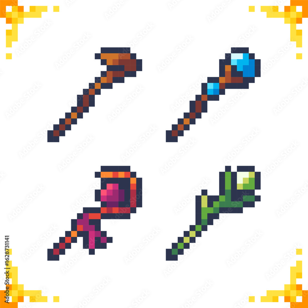 Obraz premium Set of pixel icons of magic staffs. Ideal for RPG and adventure games. 16x16 pixels