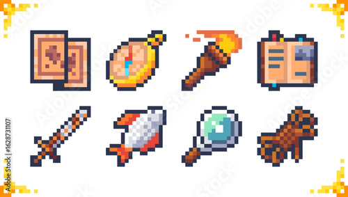 Adventure set of pixel art icons. Set of items for 2D game including: map, compass, torch, diary, sword, fish, magnifying glass, rope. Ideal for RPG and adventure games. 16x16 pixels