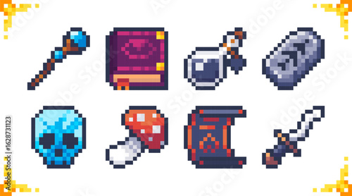 Set of pixel art icons of magic items. Ideal for RPG and adventure games. 16x16 pixels