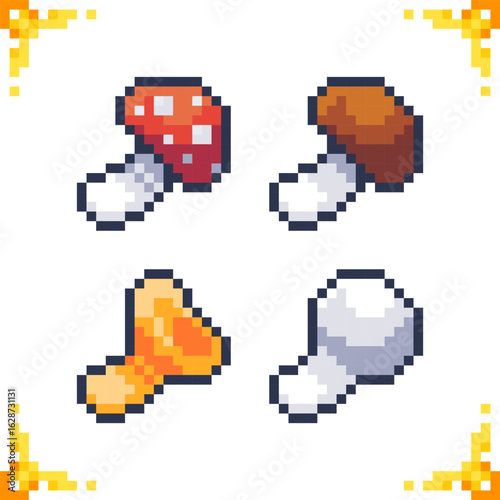 Set of pixel art mushroom icons. Fly agaric, porcini mushroom, puffball, chanterelle. Ideal for RPG and adventure games. 16x16 pixels