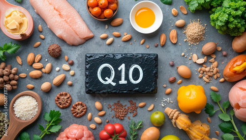 A macro shot of various foods that are sources of coenzyme Q10.