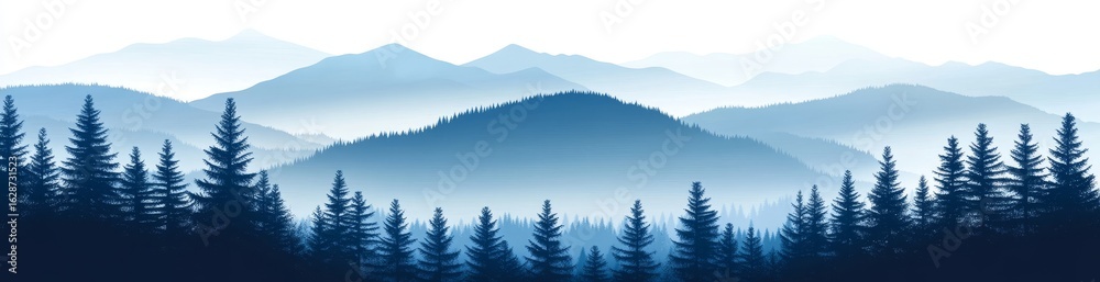 Obraz premium The scene of trees and pines at dawn in a coniferous forest represents a fusion of nature, tourism, and travel, all set against a forest landscape background with modern silhouettes