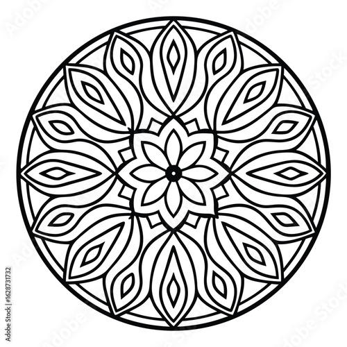 Simple floral mandala in black outline on white background, featuring symmetrical petal shapes and a central flower, ideal for coloring pages or design elements.