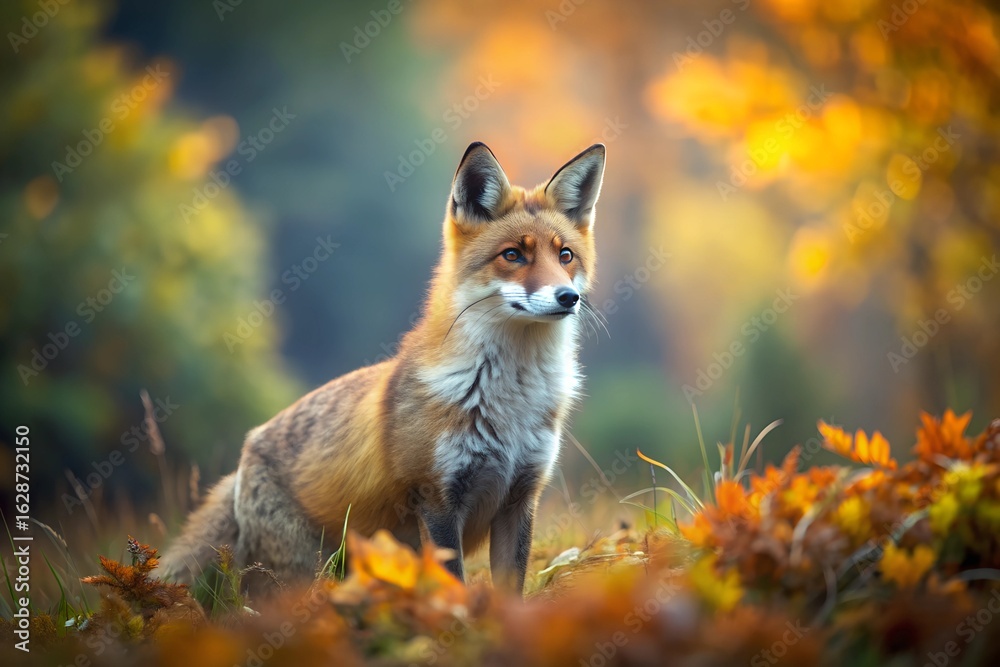 Naklejka premium Red fox in autumn forest with bright foliage looking into the distance reflecting wildlife and nature beauty