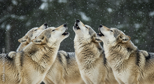 Photograph a pack of wolves howling together during snowfall. Capture visible breath, raised muzzles, and snowy surroundings. Use cool tones and focus on emotion, communication, and natural hierarchy 