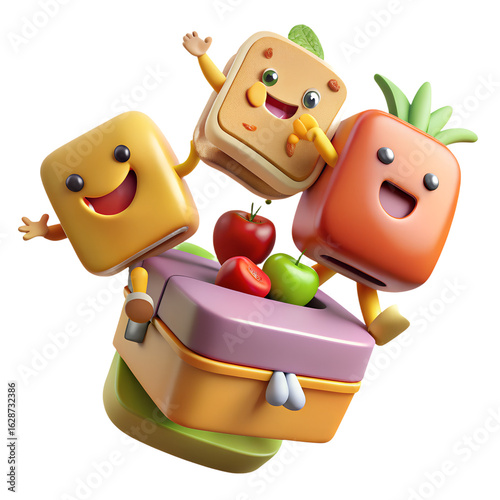 Cute cartoon sandwich characters food illustration for kids menu and restaurant advertising design 3d render on transparent background