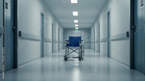 Hospital wheelchair in empty hallway with bright overhead lights  