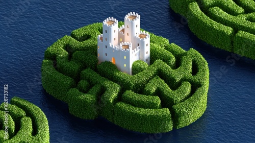 Fantasy castle on island surrounded by lush green maze floating in water, 3D illustration